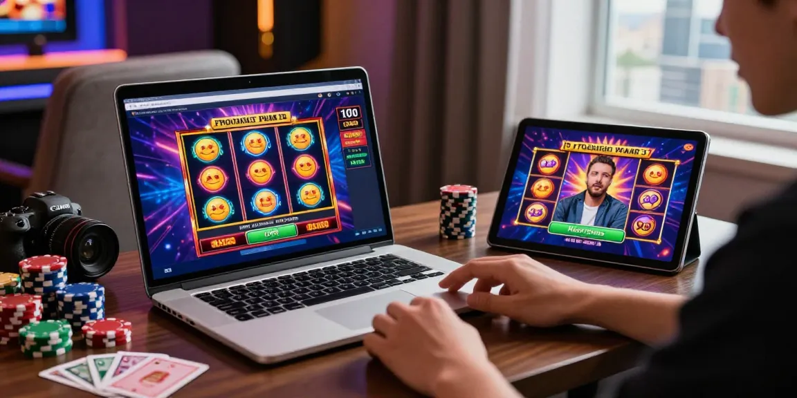 Engaging gameplay with slots with bonus buys displayed on a laptop and tablet in a modern casino-themed setup.