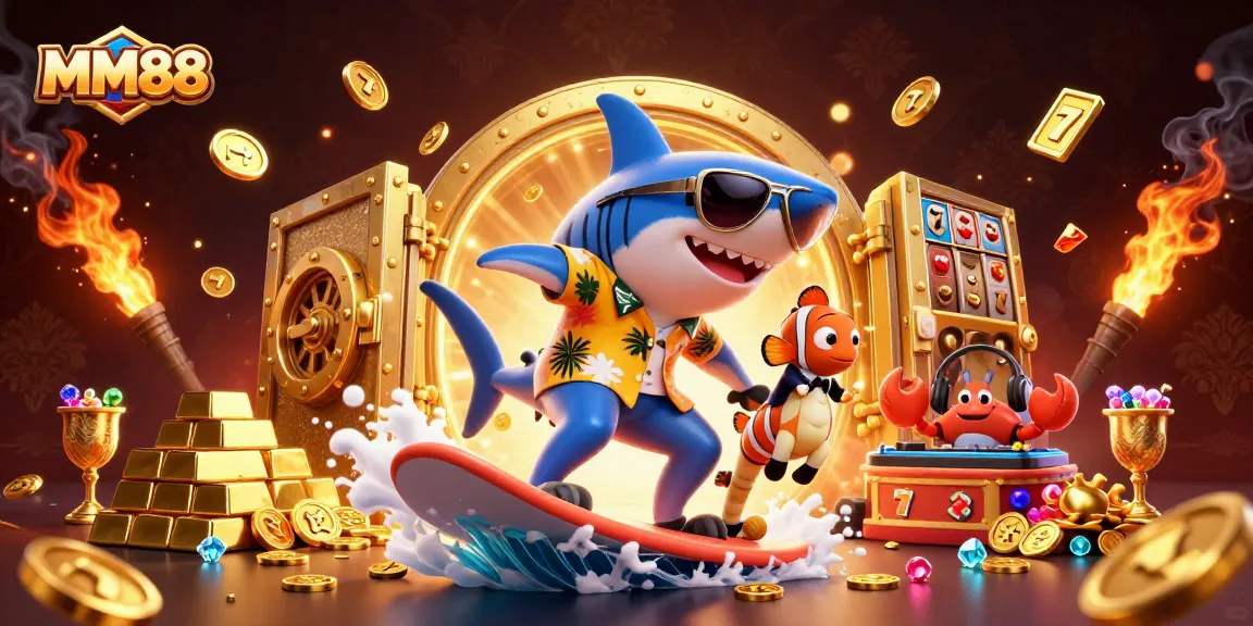 Engage in thrilling gameplay at MM88 with vibrant characters among sparkling casino elements.