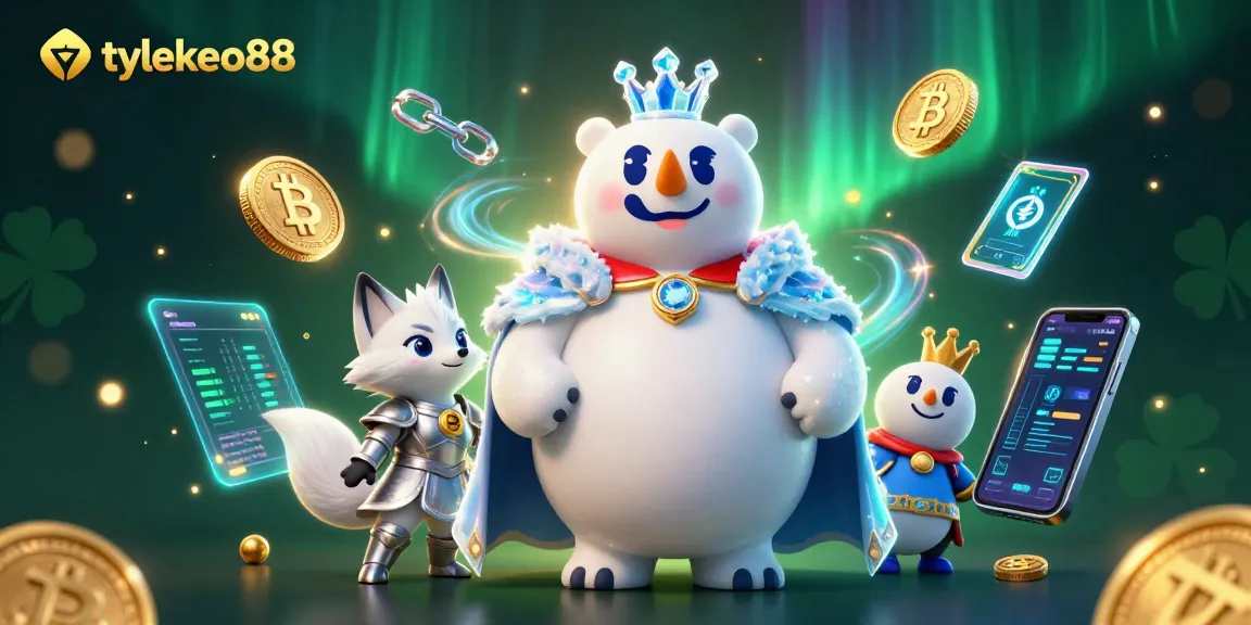 Betting strategically with tylekeo88 features a magical ice king and a heroic fox amidst vibrant crypto elements.