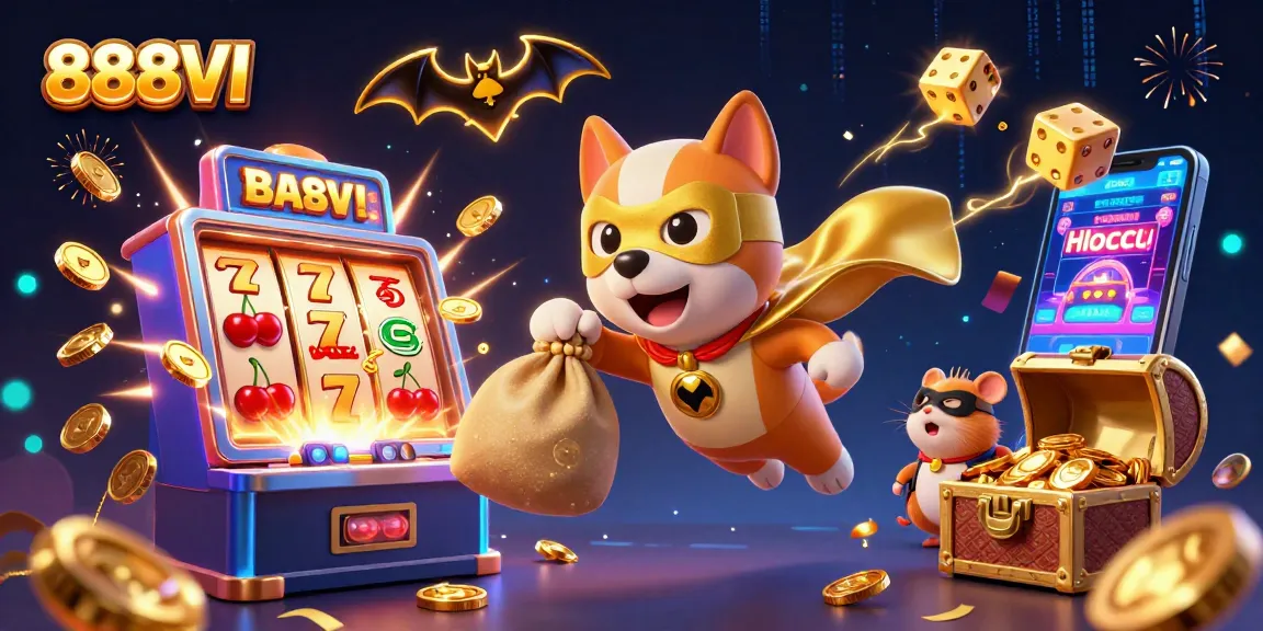 Win big with 888VI as the superhero dog and hamster deliver gold coins in a vibrant casino scene.