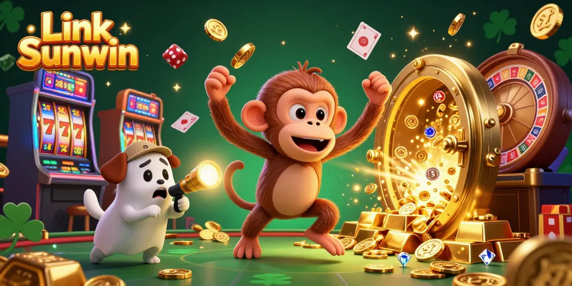Engage with Link Sunwin, showcasing gold coins and vibrant casino features in a lively scene.