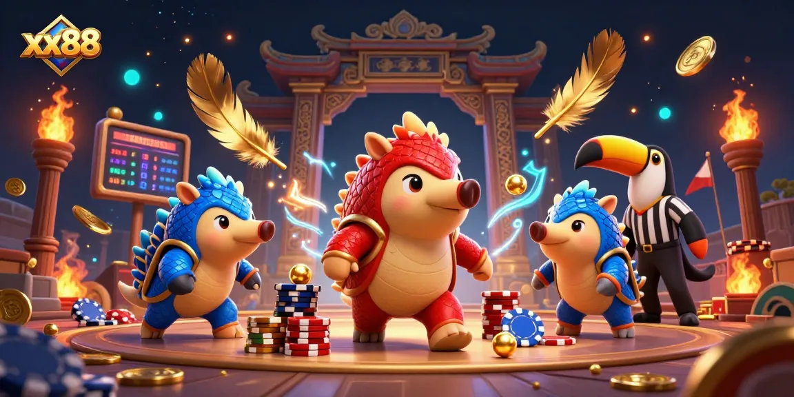 Engage in exciting gameplay at xx88 with rival pangolins bowling poker chips in a vibrant casino arena.