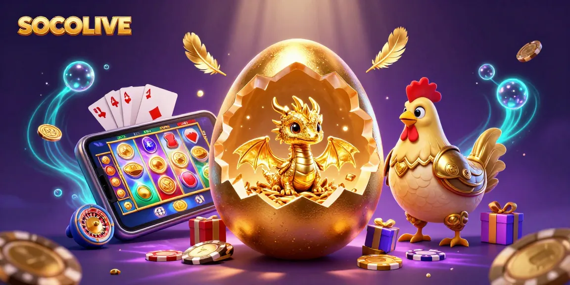 SOCOLIVE showcases a gold baby dragon and poker chips amidst an exciting casino scene.