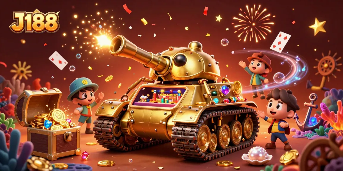 Gamblers celebrating wins at J188's 3D casino tank bursting with gold coins and confetti.