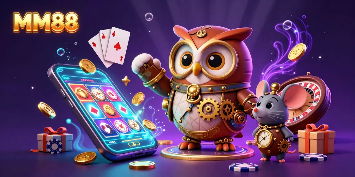 MM88 engages players with a vibrant steampunk owl and casino elements in a rich, magical scene.