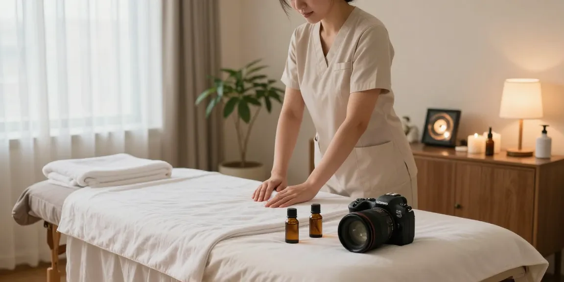 Relaxing 장안동출장마사지 therapy scene with therapist preparing a cozy space for clients.