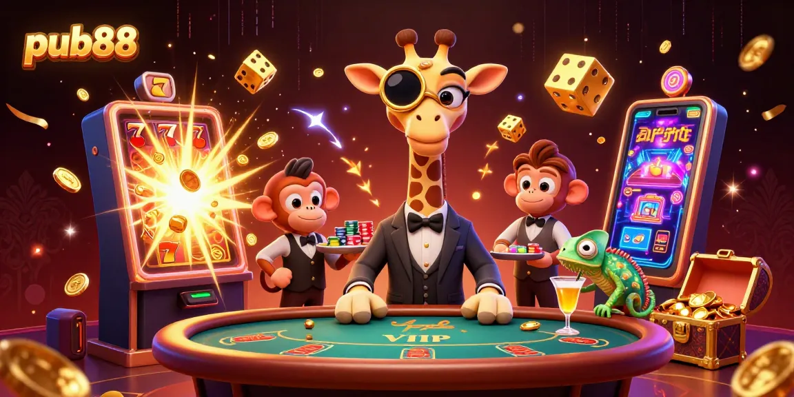 Experience pub88 with a vibrant 3D illustration featuring a high-roller giraffe at a poker table surrounded by casino excitement.