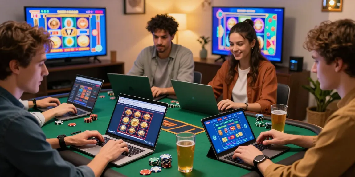 Friends enjoying a gaming night with credit card casinos UK on laptops and tablets.