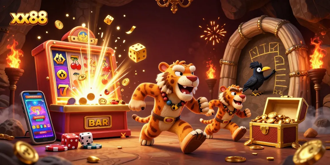 Experience excitement with xx88's vibrant prehistoric casino illustration featuring unique characters and dynamic game elements.