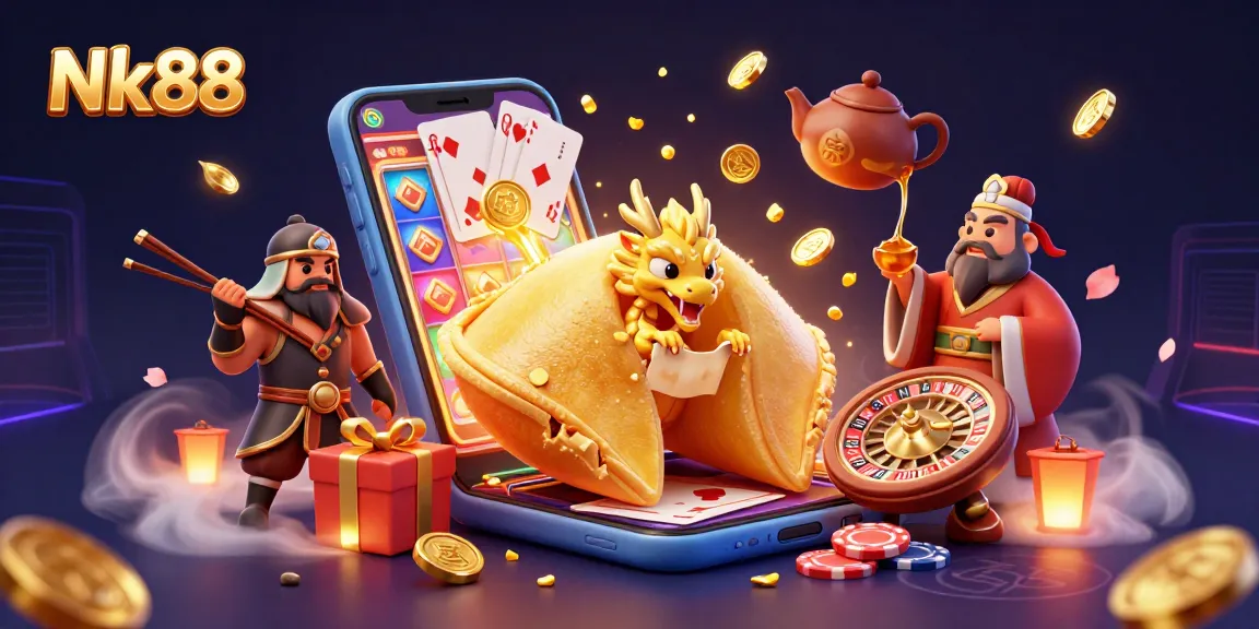 Engage with exciting games at Nk88 featuring a dynamic 3D scene of a golden fortune cookie and gambling elements.