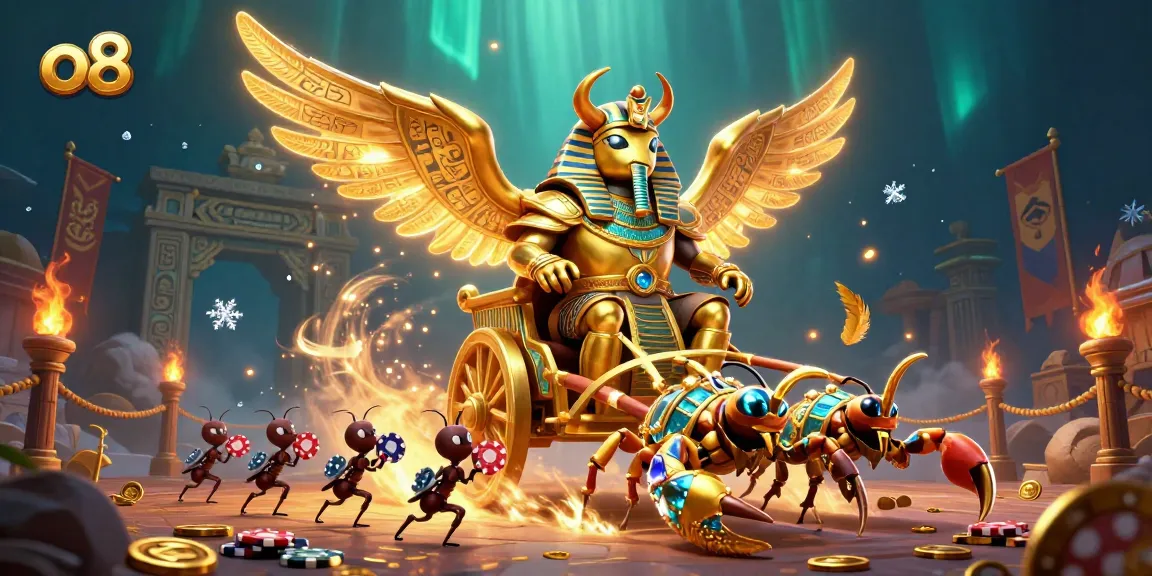 Experience the excitement of o8's colorful casino games featuring a grand golden scarab and poker chips.