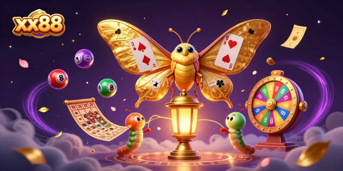 Experience the thrill of xx88 casino games with a vibrant scene featuring a 3D atlas moth and dynamic lottery elements.