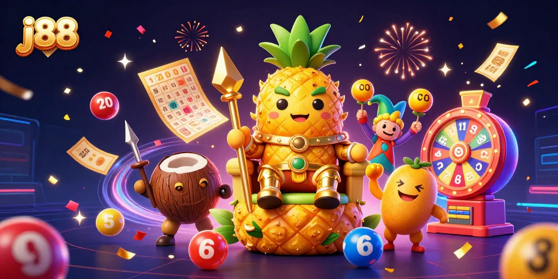 Experience the vibrant j88 casino scene with colorful lottery balls and characters in action.