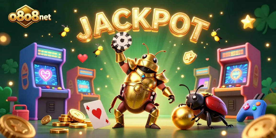 Experience the thrill of gaming with o8o8net, featuring a victorious beetle champion lifting a poker chip.