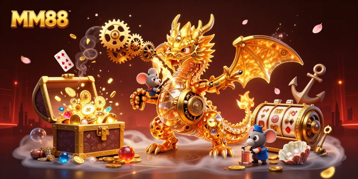Engage in the thrilling gaming experience at MM88 with the golden dragon and slot reels.