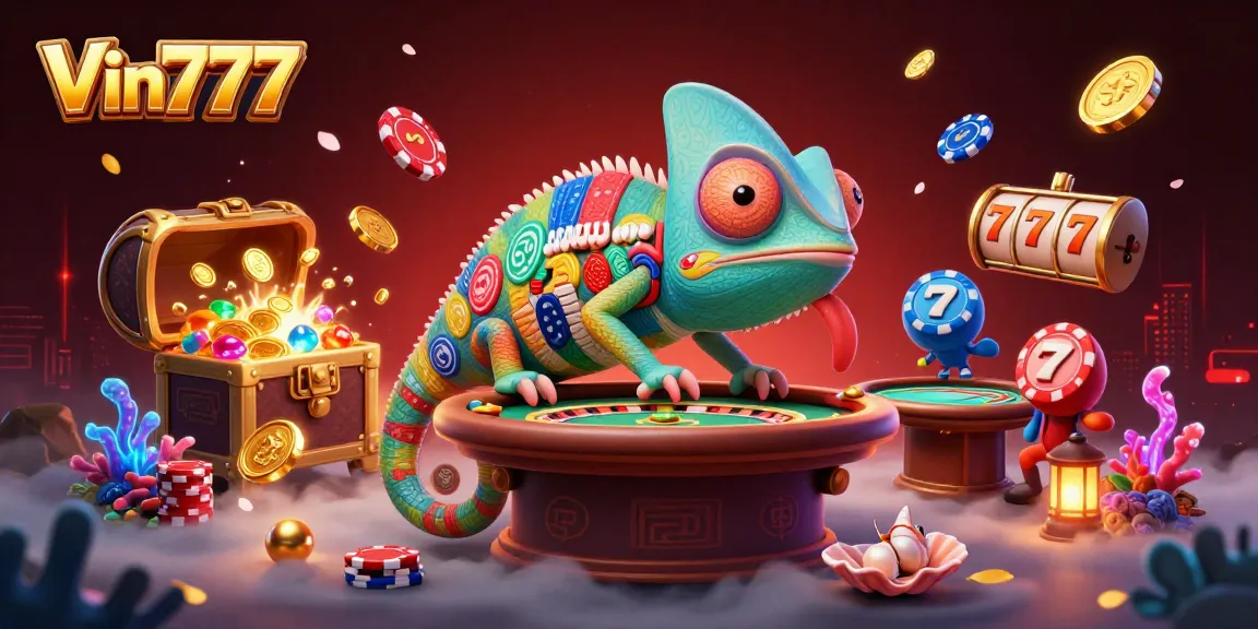 Experience thrilling wins at Vin777 with our vibrant casino illustration featuring a lively chameleon and exciting game elements.