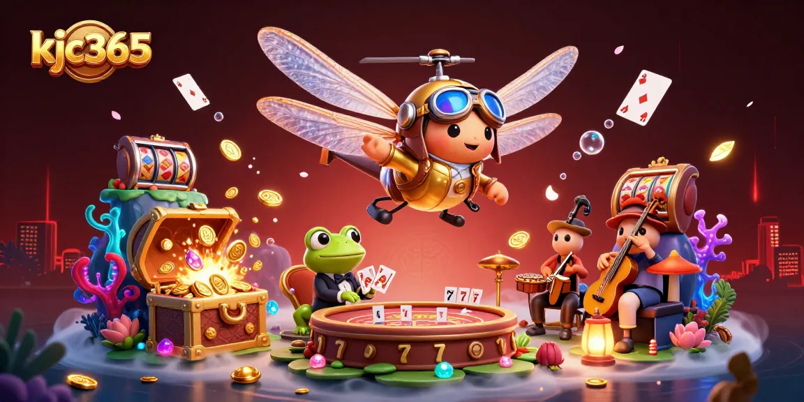 Engage with the vibrant kjc365 casino experience with a dynamic dragonfly pilot and lively frog croupier in action.