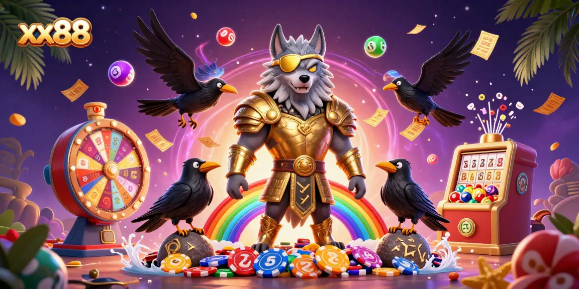 Experience excitement with xx88 as Odin and his ravens stand on a casino chip bridge amidst vibrant lottery elements.