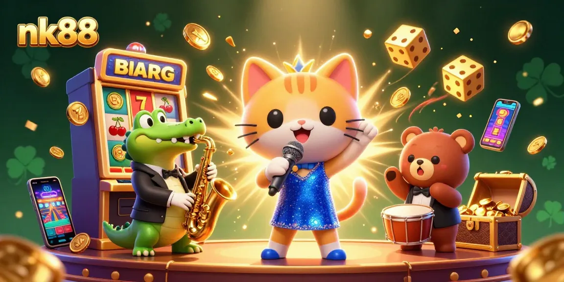 Experience winning at nk88 with lively casino characters in a vibrant, animated scene.