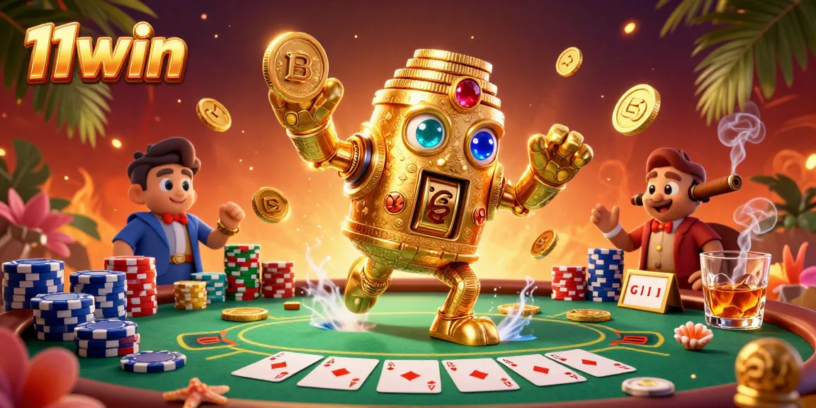 Join the excitement with 11win's vibrant 3D casino scene showcasing a golden golem and poker elements.