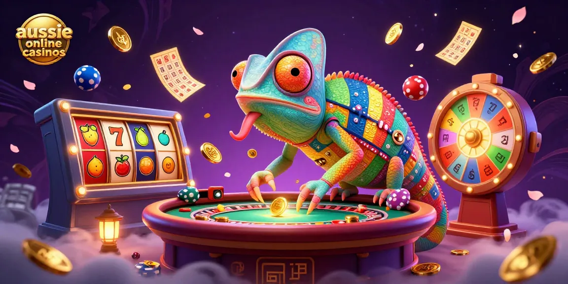 A dynamic scene showcasing the vibrant world of aussie online casinos, with a chameleon casino owner and engaging gaming elements.