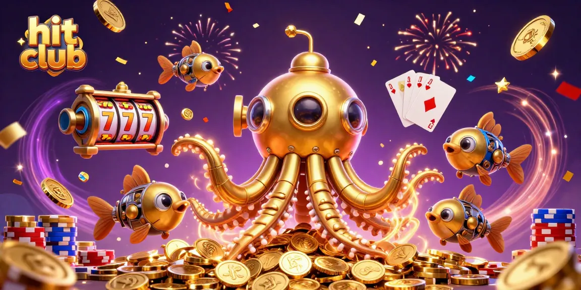 Hit club's dramatic 3D casino scene with golden kraken and vibrant gaming elements.