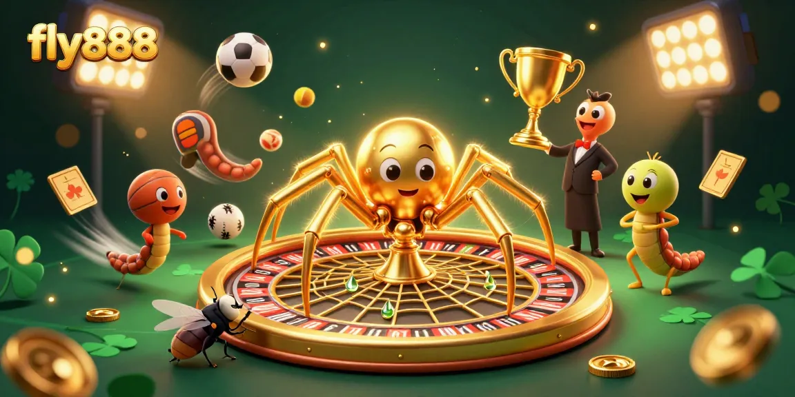 Experience fly888's dynamic betting scene with a golden spider, croupier centipede, and vibrant sports elements.