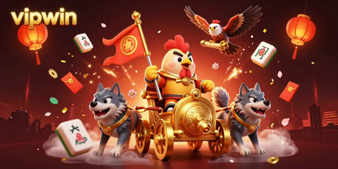 Experience thrilling gameplay at vipwin with a dynamic rooster warlord chariot scene illustrating vibrant casino action.