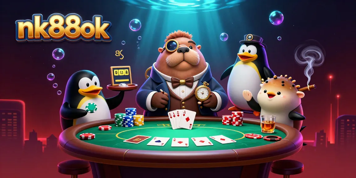 Play poker underwater with the nk88ok walrus in style, featuring a sophisticated penguin and a bluffing pufferfish.