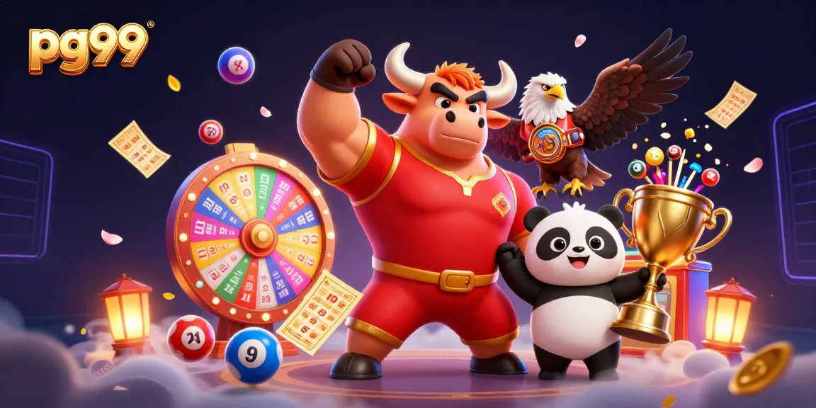 pg99 celebrates wins in a vibrant casino scene with luck symbols and colorful game elements.