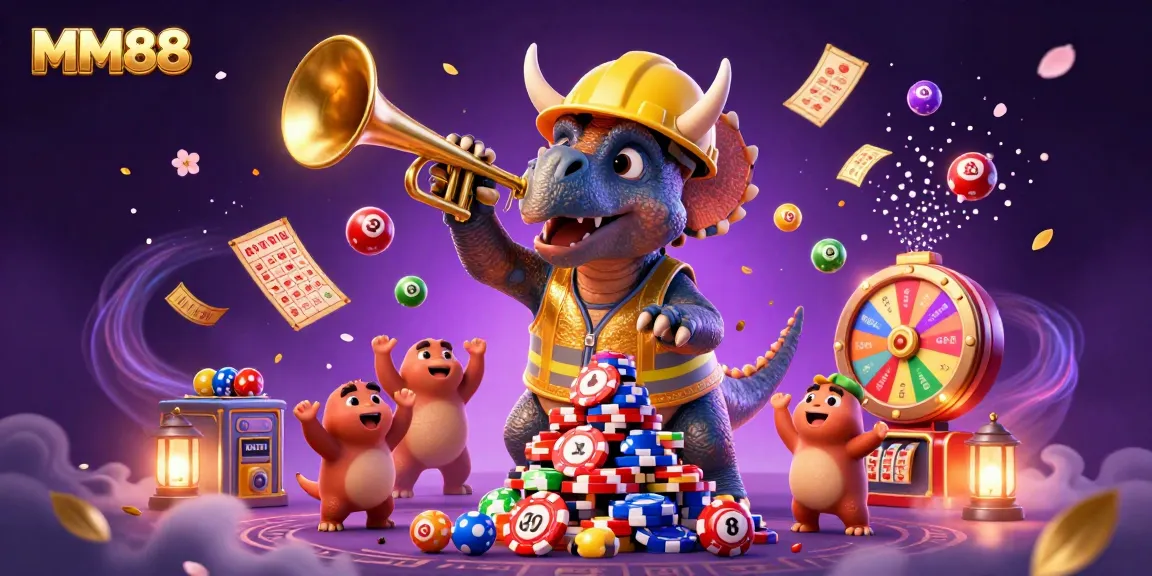 MM88 promotes exciting play with a triceratops and friends amidst a vibrant casino scene.