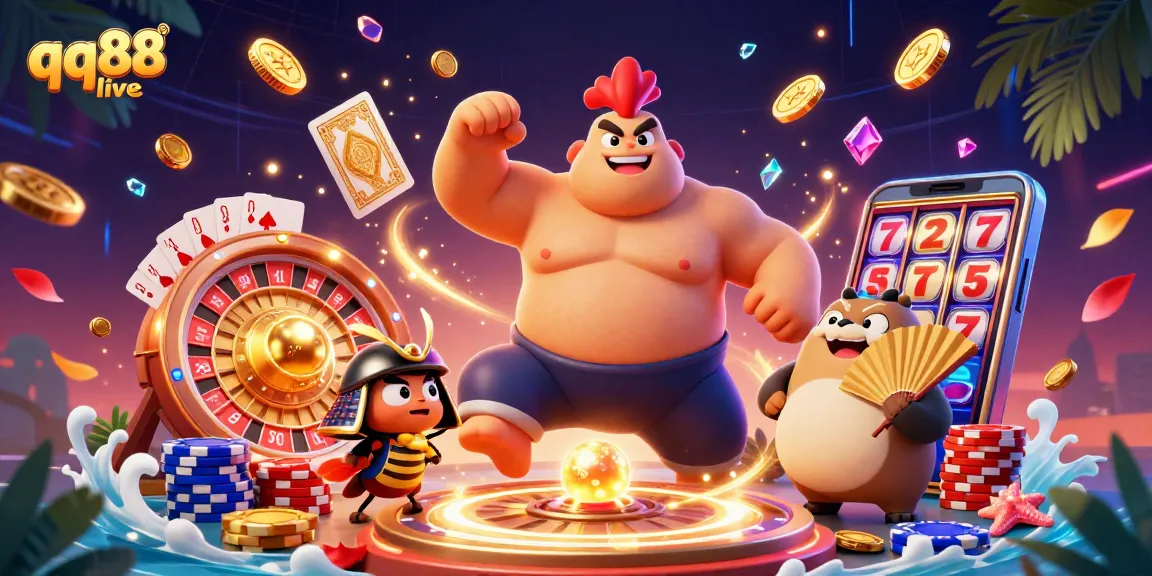 Spin the roulette and win big with qq88 live in this vibrant casino illustration featuring engaging characters.