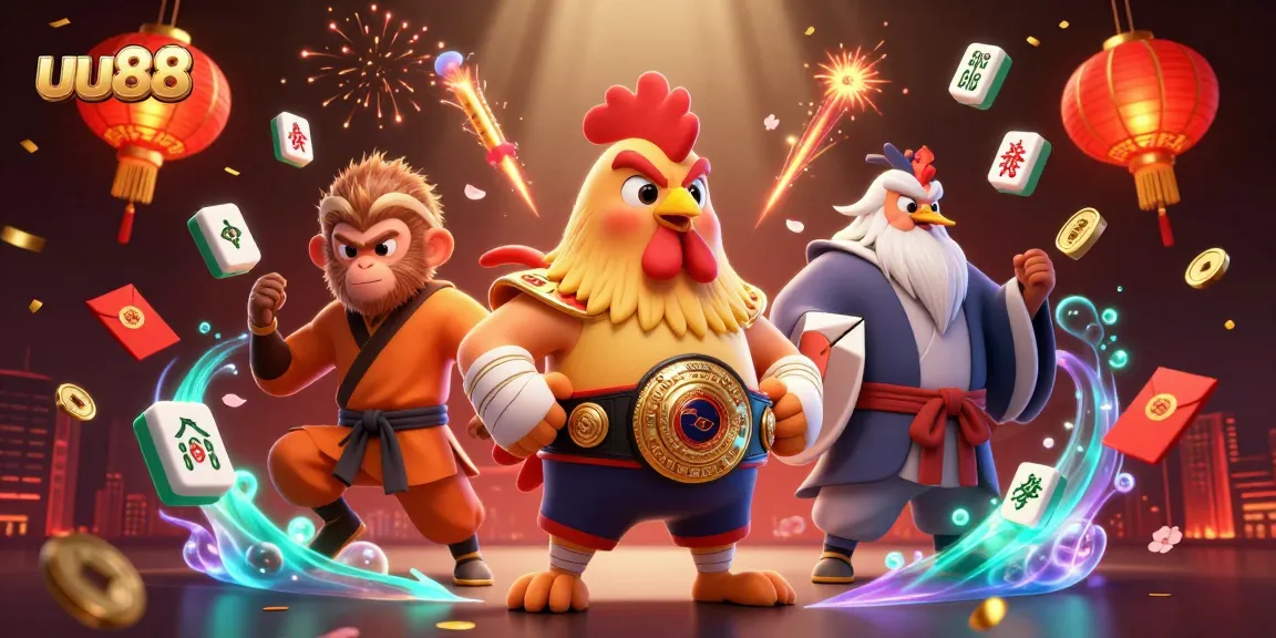 Experience thrills at uu88 with a dynamic scene featuring a Muay Thai rooster and martial artists in action.