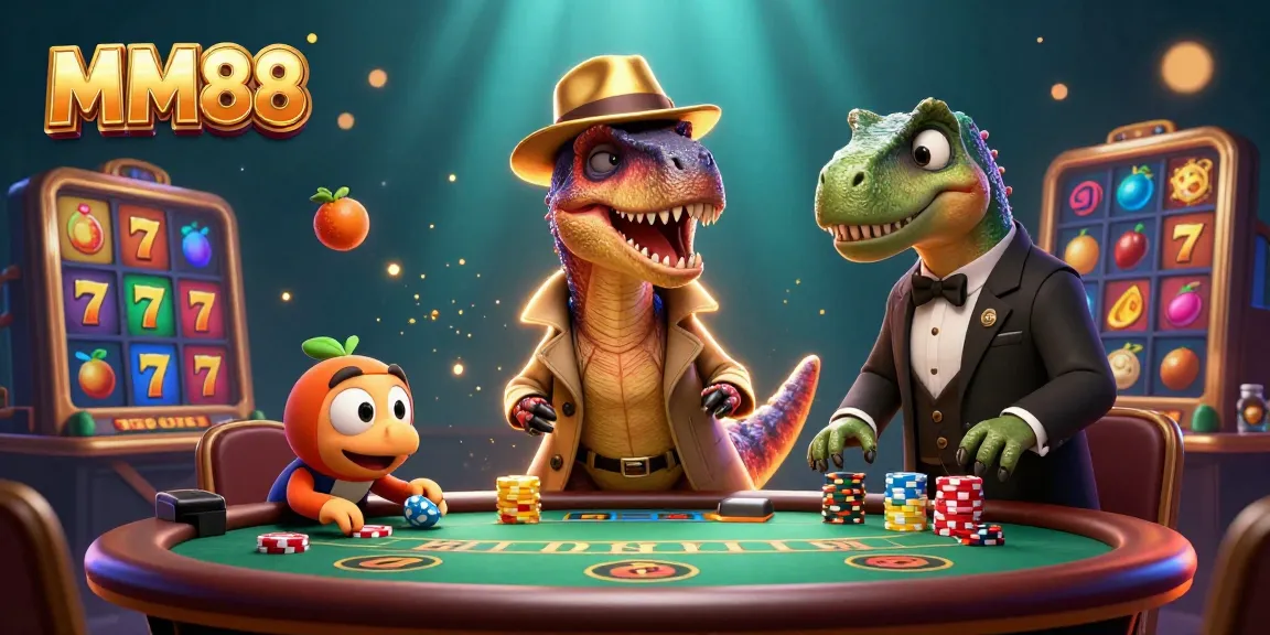 MM88 presents an exciting slot gaming scene featuring a cartoon velociraptor counter, thrilling jackpots, and playful elements.